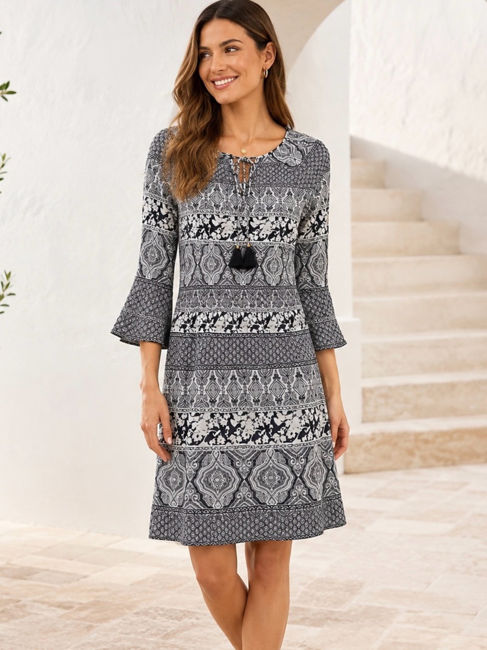 WHBM Black White Boho Paisley Tunic Dress S/M Tassel Bell Sleeve